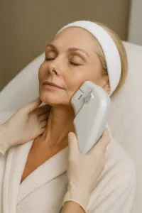 Woman receiving HIFU non surgical facelift treatment Leighton Buzzard