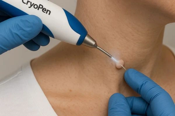 Person receiving cryotherapy Leighton Buzzard for skin tag removal