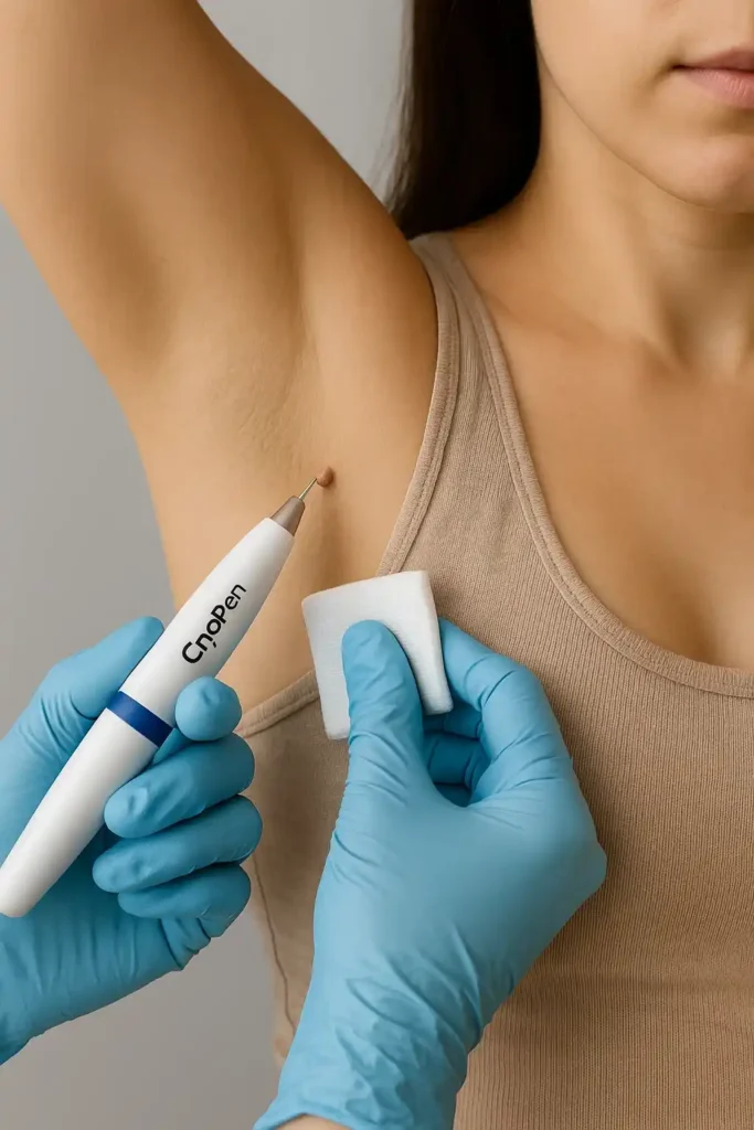 woman having cryopen to remove underarm skin tags Leighton Buzzard