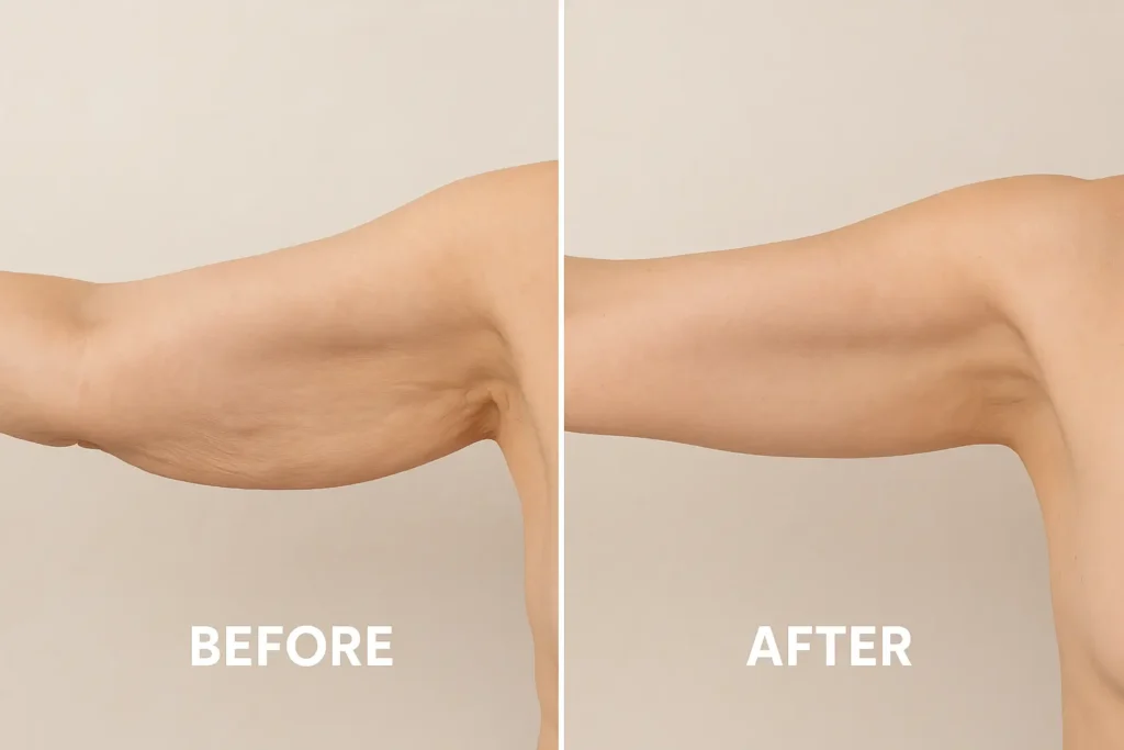 Picture of LA LIPO Leighton Buzzard before and after results of skin tightening treatment on the upper arms.