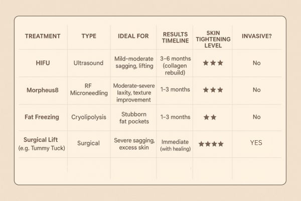Table showing the comparisons of Skin tightening Leighton Buzzard treatment options.